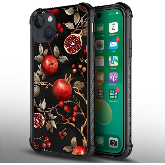 Compatible with iPhone 14 Plus Case, Ultimate Protection: Back+Soft Silicone Acrylic TPU Design for Shockproof Fall Prevention Pomegranate and Branch