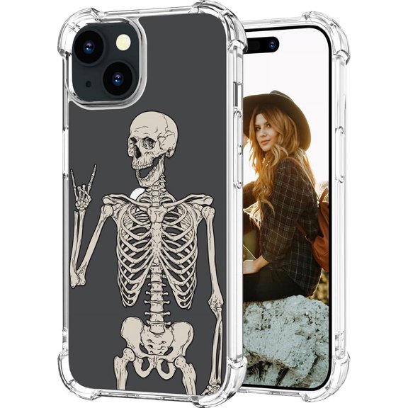 Compatible with iPhone 14 Plus Case for Women Girls Clear Design Cute, Protector Girly Transparent Skull Skeleton