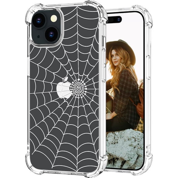 Compatible with iPhone 14 Plus Case for Women Girls Clear Design Cute, Protector Girly Transparent Spider Web Design