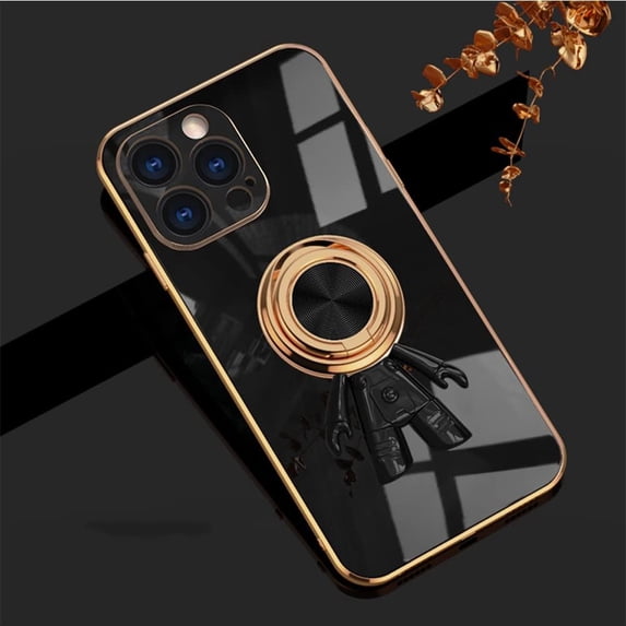 Compatible with iPhone 14 Plus Case with Hidden Stand, Cute Plating Astronaut Design Cartoon Cute Phone Case with Protective Cover, Black