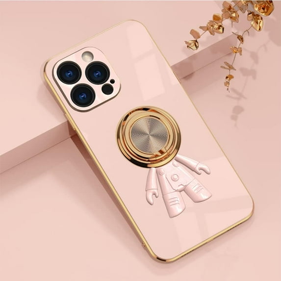 Compatible with iPhone 14 Plus Case with Hidden Stand, Cute Plating Astronaut Design Cartoon Cute Phone Case with Protective Cover, Pink
