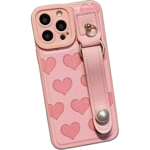 Compatible with iPhone 14 Pro Case for Women/Girls, Cute Love-Heart Pearls Soft Faux Leather Shockproof Case with Wristband for iPhone 14 Pro, Pink