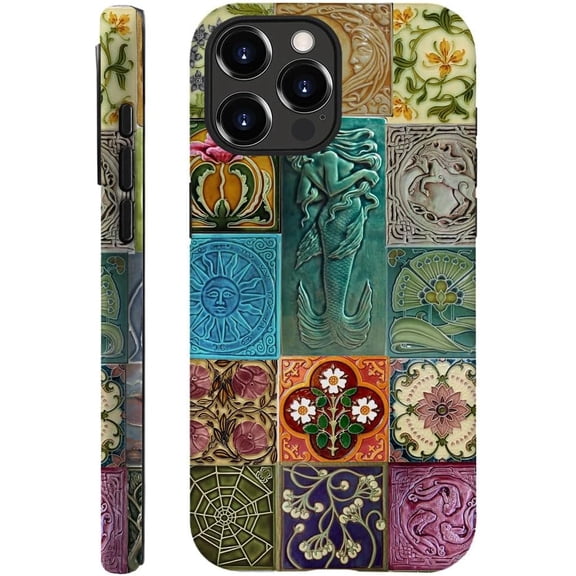 Compatible with iPhone 14 Pro, Durable & Shockproof Phone Case Cover Design - Tiles Floral Celestial Art