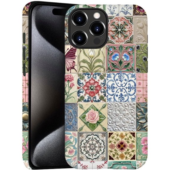 Compatible with iPhone 14 Pro, Frosted PC Anti-Scratch Shockproof Case - Vintage Tile Checkered Rose