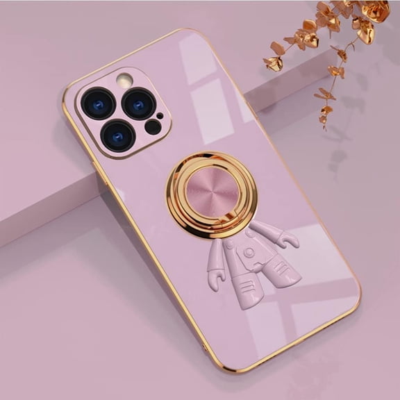 Compatible with iPhone 14 Pro Max Case with Hidden Stand, Cute Plating Astronaut Design Cartoon Cute Phone Case with Protective Cover, Purple