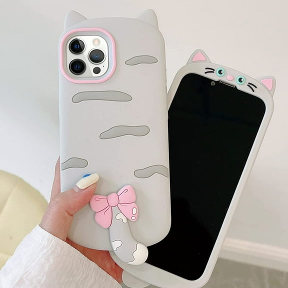 Compatible with iPhone 14 Pro Max Silicone Case 3D Cartoon Animal Cat Grey Cute Soft Fun Unique Bumper Protection Shockproof Cover for Women Girls