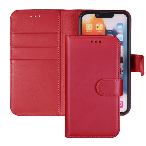 Compatible with iPhone 14 Pro Wallet Case Genuine Leather Flip RFID Blocking Kickstand Folding Case-Red