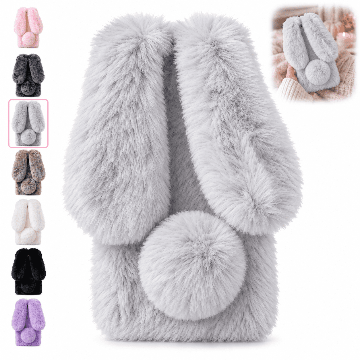 Compatible with iPhone,Plush Rabbit Ear Phone Case, Soft Furry Winter ...