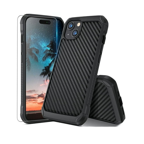 Compatible with iPhone 15 Carbon Fiber Case with Tempered Glass Screen Protector(6.1" Screen)