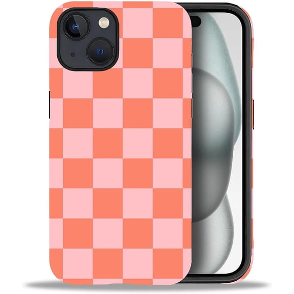 Compatible with iPhone 15 Case, Watermelon Red Checkerboard 2 in 1 Heavy Duty Shockproof Rugged Hard PC+Soft Silicone Protective Cover