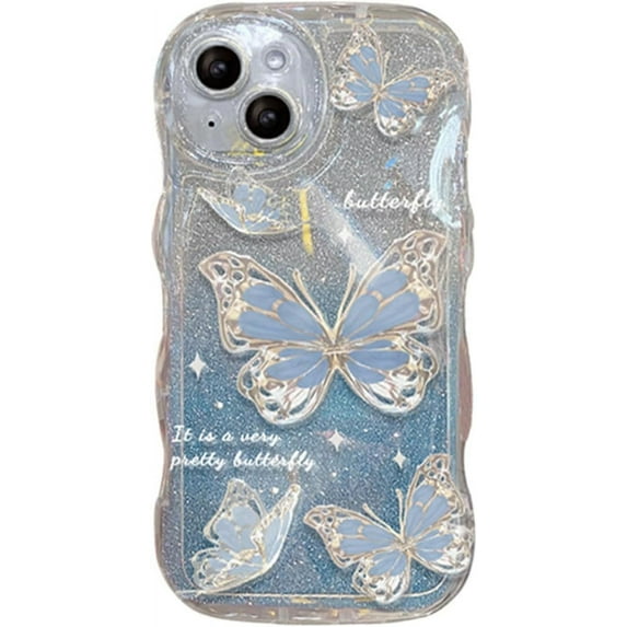 Compatible with iPhone 15 Case for Women/Girls, Cute Butterfly Glitter Bling Anti-Scratch Shockproof Case for iPhone 15, Blue