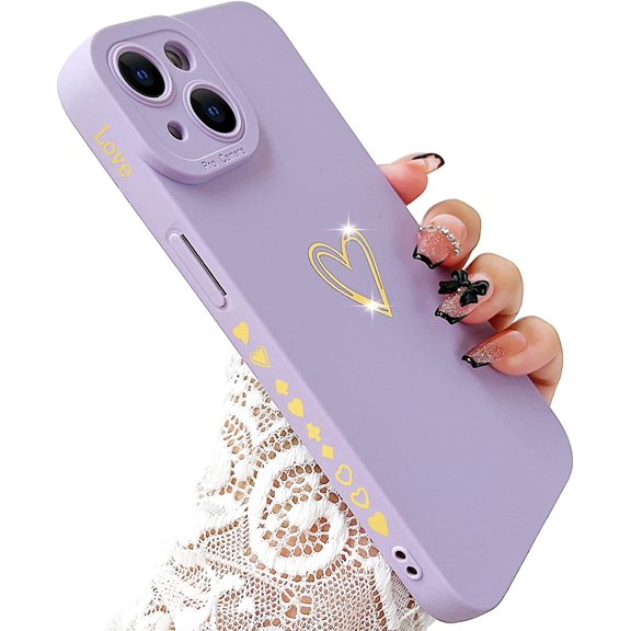 Compatible with iPhone 15 Case for Women, Luxury Heart Phone Case Soft TPU Shockproof Full Camera Lens Protective iPhone 15 Phone Case 6.1" - Purple