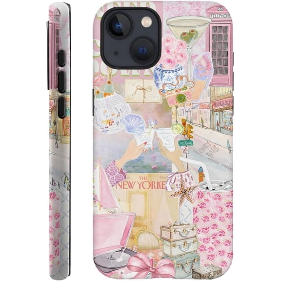 Compatible with iPhone 15 Plus, Durable & Shockproof Phone Case Cover Design - Pink Aesthetic Retro Collage