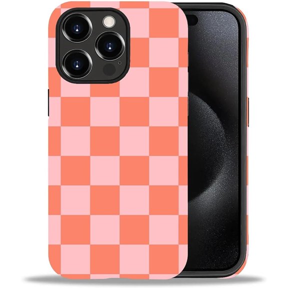 Compatible with iPhone 15 Pro Case, Watermelon Red Checkerboard, 2 in 1 Heavy Duty Shockproof Rugged Hard PC+Soft Silicone Protective Cover