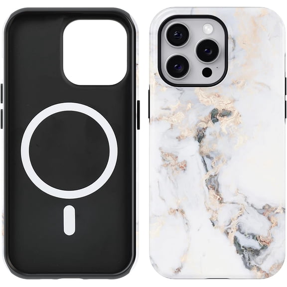 Compatible with iPhone 15 Pro Max Case [Compatible with MagSafe] -Shockproof Protective Slim Soft TPU Cover Phone Case 6.7" (White Golden Marble)