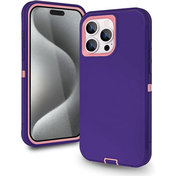 Compatible with iPhone 15 Pro Max Case, Heavy Duty Defender 3-Layer Rugged Shockproof Drop Protective Cover, Strong Durable Phone Case (Purple/Pink)