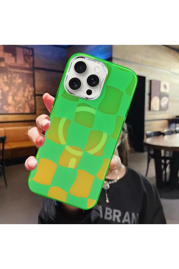 Compatible with iPhone 15 Pro Max Case Iridescent Fluorescent Magnetic [Support for Magsafe] Checkered Cute Pattern Crystal Phone Case -Green