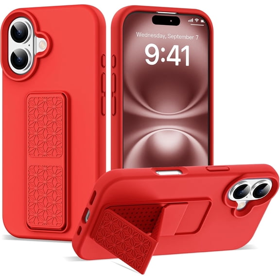 Compatible with iPhone 16 Case 6.1 inches with Stand & Hand Strap[Shockproof & Soft] Slim Liquid Silicone 16 Phone Case for Wowen Men,Red