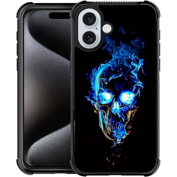Compatible with iPhone 16 Case, Blue Smoke Skeletons Laugh Case, Drop Protection with Soft TPU Bumper Case
