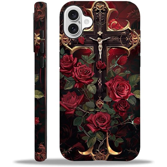 Compatible with iPhone 16 Case Cross Jesus Rose 2 in 1 Hard Shell + Silicone Shockproof Bumper Drop Protective