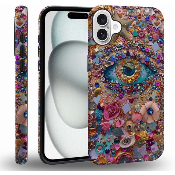 Compatible with iPhone 16 Case, Evil Eye Charm Soft TPU + Hard PC 2-in-1, Anti-Scratch Soft TPU Shockproof Unique Protective Cover Pattern Design