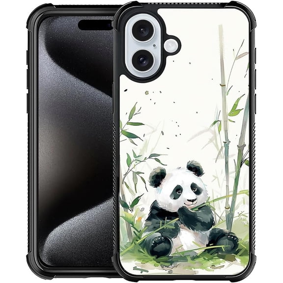 Compatible with iPhone 16 Case, Pandas Chew Bamboo 16 Women Girls Case, Shockproof Anti-Slip Drop Protection with Soft TPU Bumper