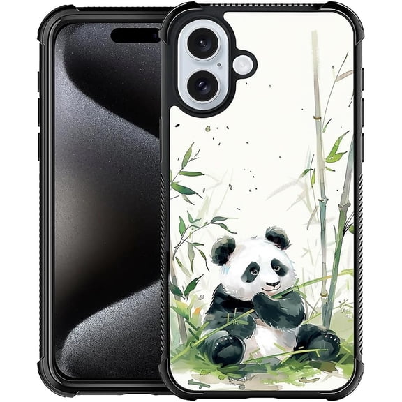 Compatible with iPhone 16 Plus Case, Pandas Chew Bamboo 16 Plus Women Girls Case, Shockproof Anti-Slip Drop Protection with Soft TPU Bumper
