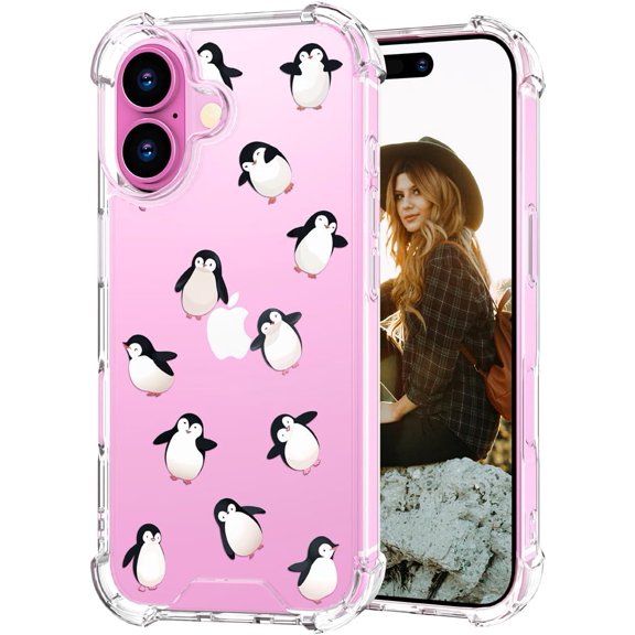 Compatible with iPhone 16 Plus Case for Women Girls Clear Design Cute, Girly Protector Lovely Kawaii Dancing Penguins Animal Joy Funny Happy