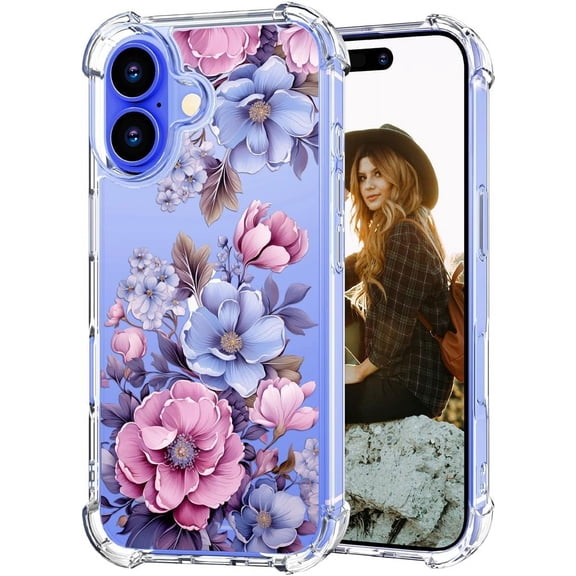 Compatible with iPhone 16 Plus Case for Women Girls Clear Design Cute, Girly Protector Pink Large Floral Ladies Luxury Anemones Flower