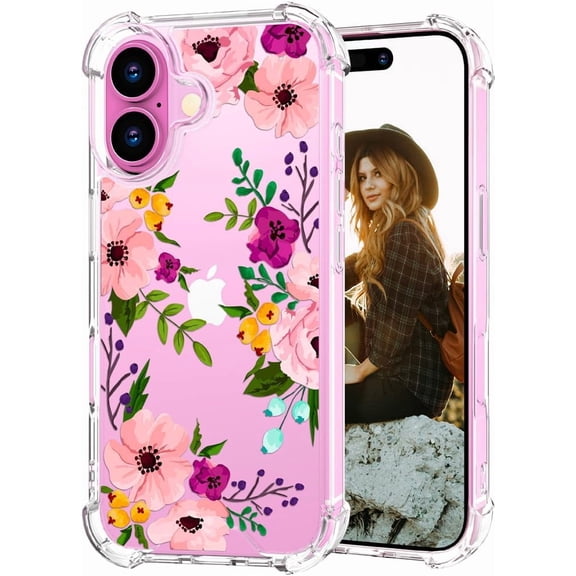 Compatible with iPhone 16 Plus Case for Women Girls Clear Design Cute,Girly Protector Pink Peony