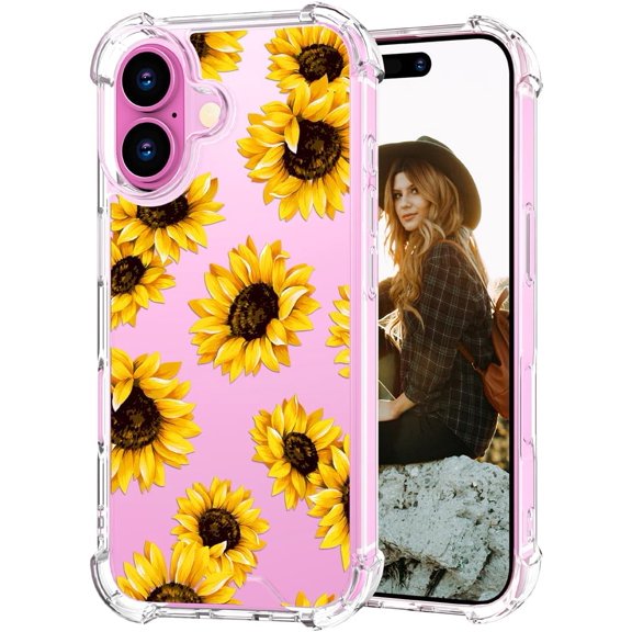 Compatible with iPhone 16 Plus Case for Women Girls Clear Design Cute, Girly Protector Yellow Sunflower