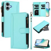 Compatible with iPhone 16 Plus Leather Case 9 Card Slots Zipper Wallet Stand Phone Case with Wrist Strap