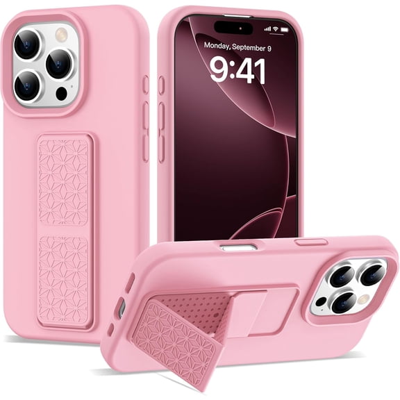 Compatible with iPhone 16 Pro Case 6.3 inches with Stand & Hand Strap[Shockproof & Soft] Slim Liquid Silicone 16 Pro Phone Case for Wowen Men,Pink