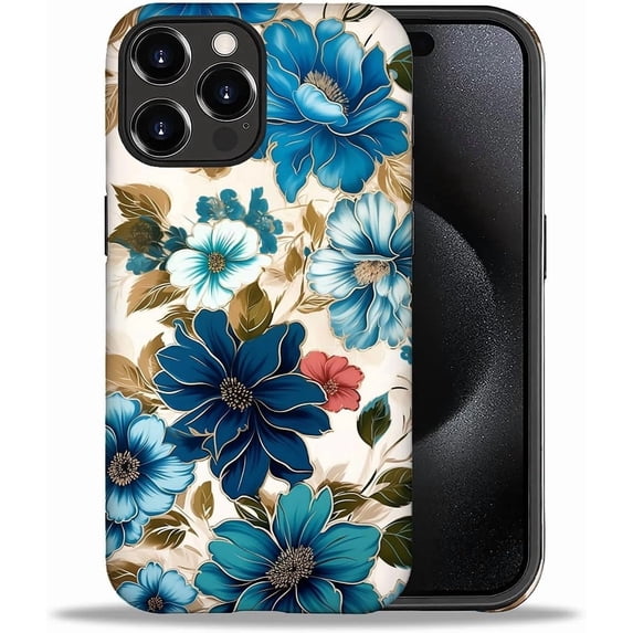 Compatible with iPhone 16 Pro Case, Blue Flower Soft TPU + Hard PC 2-in-1, Anti-Scratch Soft TPU Shockproof Unique Protective Cover Pattern Design