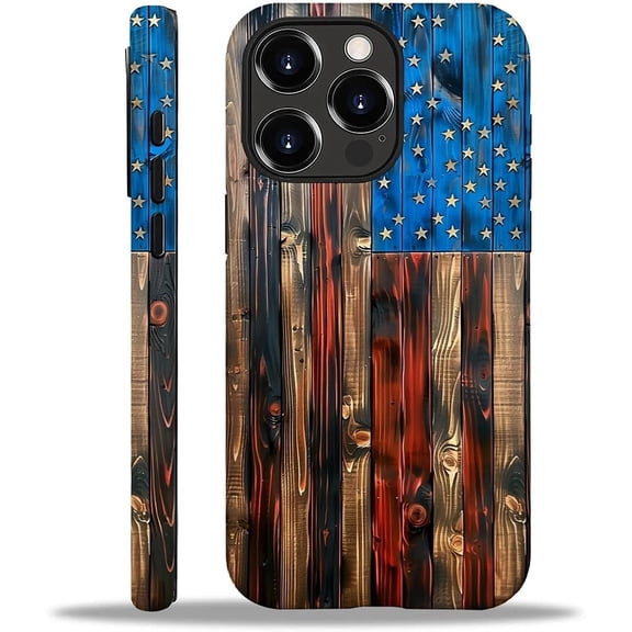 Compatible with iPhone 16 Pro Case, Wood Red American Flag 16 Pro 2 in 1 Silicone Mixed Hard Pc Case, Durable Shock-Proof Protection Pattern Design