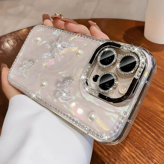 Compatible with iPhone 16 Pro Max Case, Cute Girly Glitter Bling Butterfly Design with Camera Lens Protector for Women Girls Rhinestone