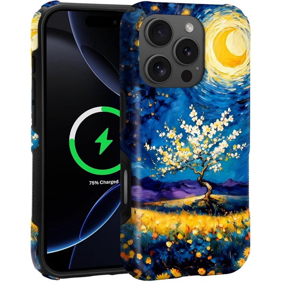 Compatible with iPhone 16 Pro Max Case for MagSafe, Anti-Slip Strips 2-in-1 All-Inclusive Dual-Layer Soft TPU + PC Back for Starry Night Blossom Tree