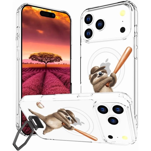 Compatible with iPhone 17 Pro Case Magsafe Clear,Magnetic Transparent Cute Silicone Phone Cover Cases for Women - Brown Sloth Bradypod Baseball