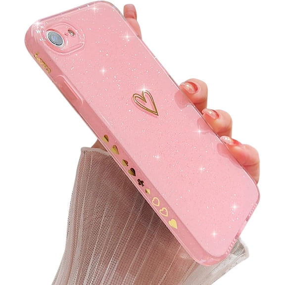 Compatible with iPhone 6/6s Case,Love Heart Pattern Design Soft TPU Shockproof Protective Case Bling Sparkly Glitter Cover for iPhone 6/6s-Pink