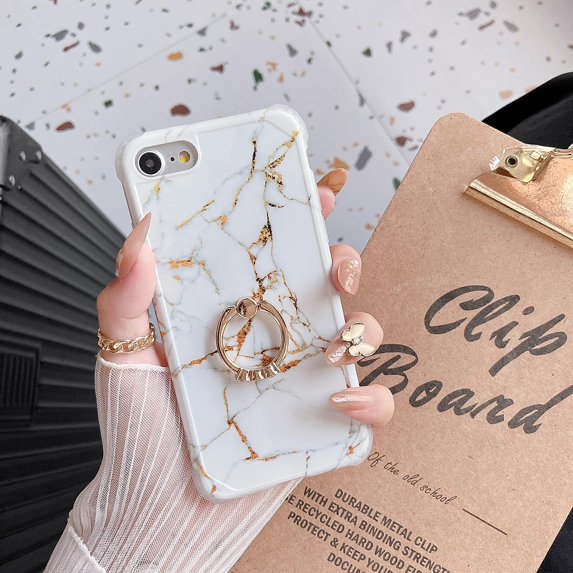 Compatible with iPhone 7 Case with Ring Holder Cute White Marble Slim Protective Case for iPhohne 7 (Purple Flower)