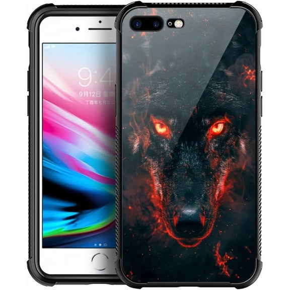 Compatible with iPhone 8 Plus Case, Black Red Eyes Wolf for Men Woman, Anti-Scratch Soft TPU Shockproof Unique Protective Cover Pattern Design