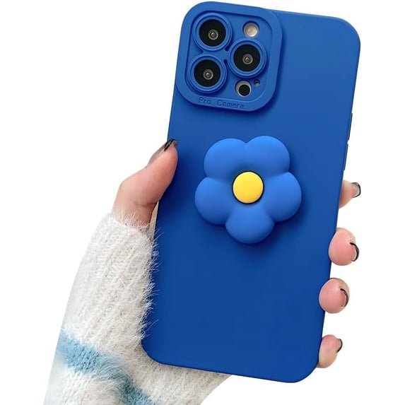 Compatible with iPhone Case,Blue Cute 3D Flower Floral Camera Lens Protection Soft Shockproof Cover Phone Case (OneFlower,iPhone 14 Pro)