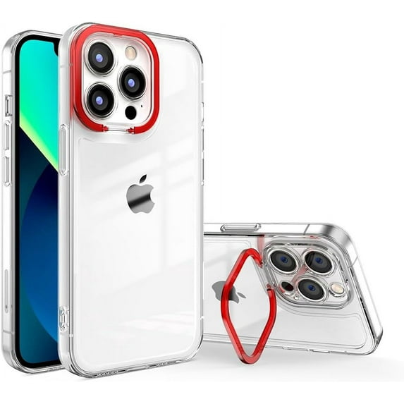 Compatible with iPhone Case,Classic Clear Camera Ring Stand Holder Kickstand Protection Shockproof Cover Phone Case (Red,iPhone 15 Plus)