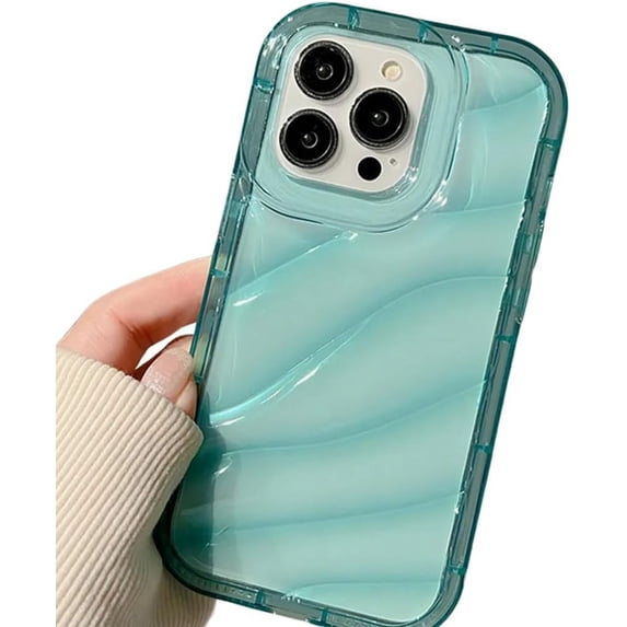 Compatible with iPhone Case,Clear Curly Wave Water Ripple Print Camera Lens Protection Soft Shockproof Cover Phone Case (Green,iPhone 12)