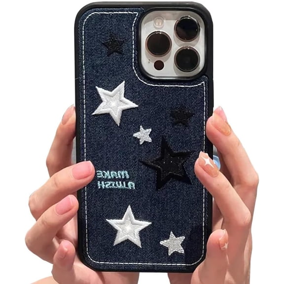 Compatible with iPhone Case,Cool Denim Fabric Embroidery Star Silicone Camera Lens Protection Soft Shockproof Cover Phone Case (Blue,iPhone 15)