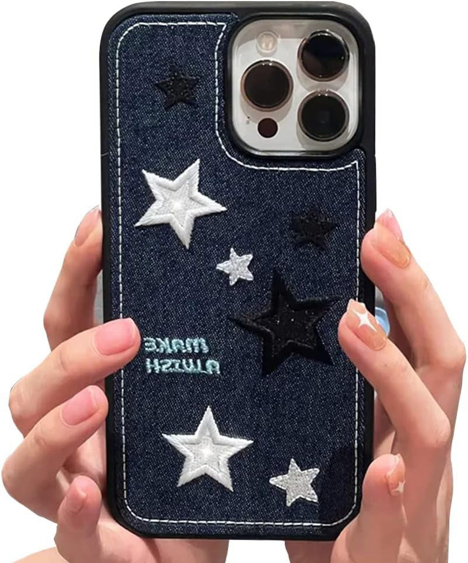 Compatible with iPhone Case,Cool Denim Fabric Embroidery Star Silicone