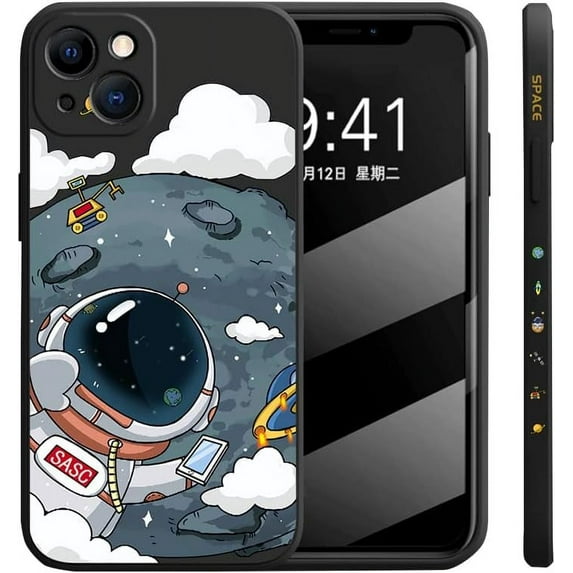 Compatible with iPhone Case,Cute Cartoon Astronauts Bumper Camera Lens Protection Shockproof Cover Phone Case (Black,iPhone 14 Pro)