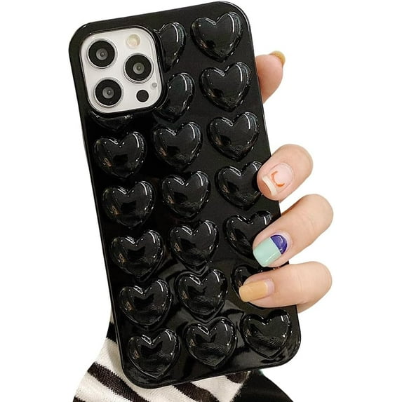 Compatible with iPhone Case,Cute Electro Plated 3D Heart Glossy Full Body Protection Soft Shockproof Cover Phone Case (Black,iPhone 14 Pro Max)