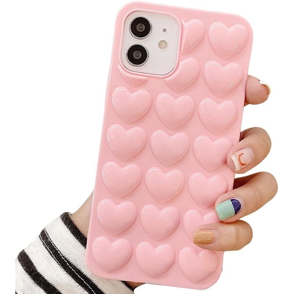 Compatible with iPhone Case,Cute Electro Plated 3D Heart Glossy Full Body Protection Soft Shockproof Cover Phone Case (Pink,iPhone 12 Pro Max)