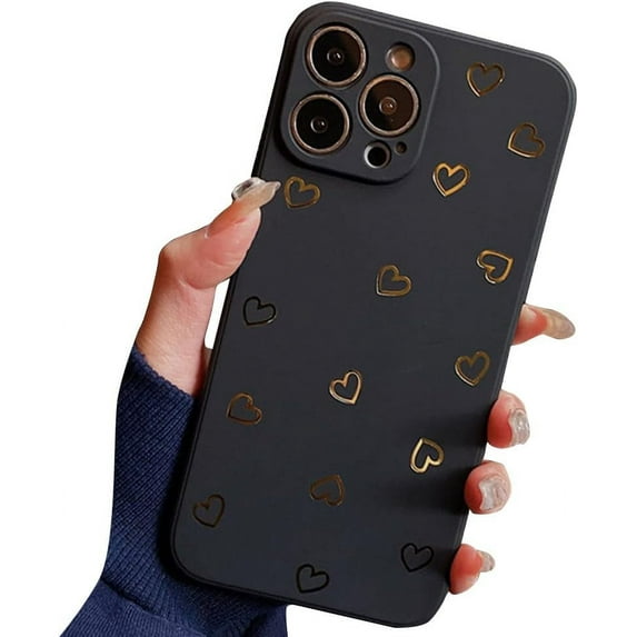 Compatible with iPhone Case,Cute Heart Pattern Camera Lens Protection Soft Shockproof Cover Phone Case (Black,iPhone 13 Pro Max)